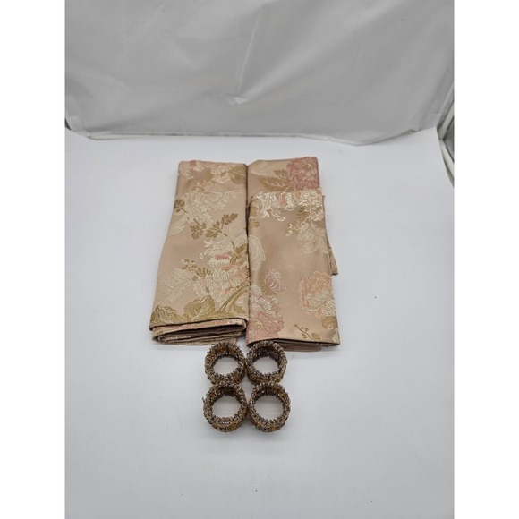 The Unbranded Brand Other - Vintage Dinner Napkin 4 Jacquard  Print Rings 4 Metal Round Beaded Iridescent